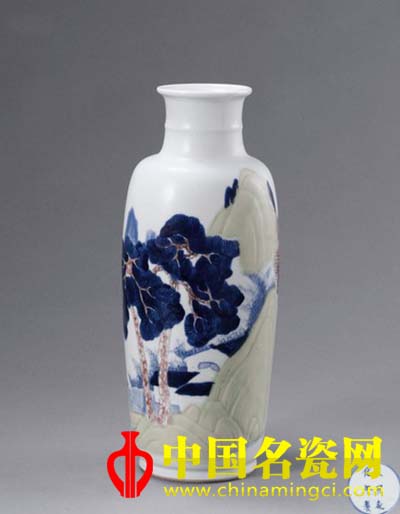 清康熙 青花釉里紅山水瓶