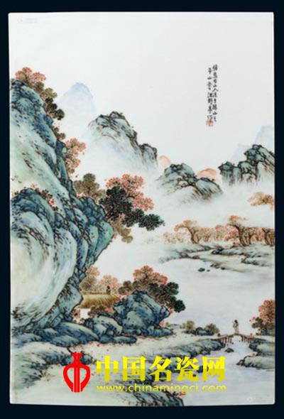 民國(guó) 汪野亭粉彩山水瓷板
