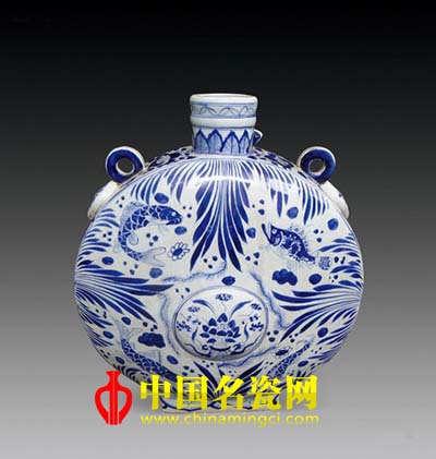 元 青花魚藻紋扁瓶