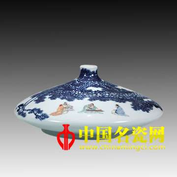 王懷俊 青花斗彩「松下扶琴圖」瓷瓶
