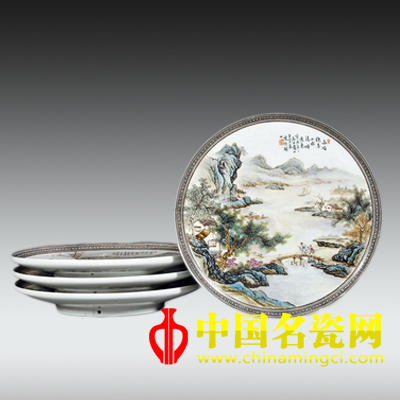 王云泉款粉彩山水人物紋盤 （四只）
