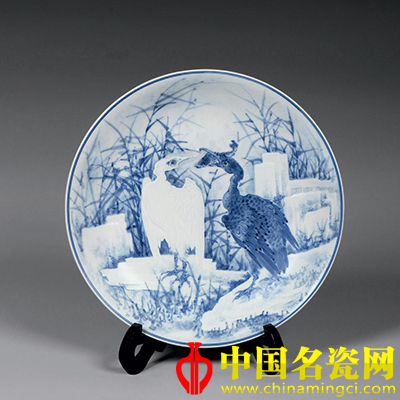 雙禽圖 青花淺刻瓷盤