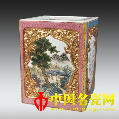 張松茂款粉彩山水筆筒