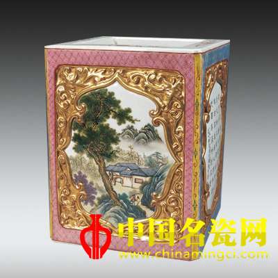 張松茂款粉彩山水筆筒