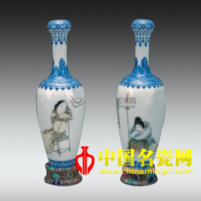 粉彩人物長(zhǎng)頸瓶 2件
