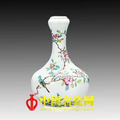 清光緒 粉彩花鳥紋蒜頭瓶