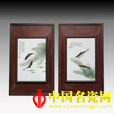鄧碧珊繪粉彩魚藻紋瓷板 （一對(duì)）