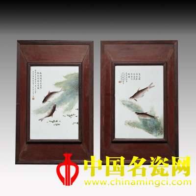 鄧碧珊繪粉彩魚藻紋瓷板 （一對）