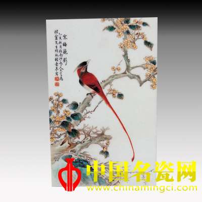 粉彩程意亭花鳥小瓷板