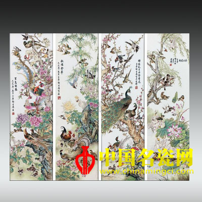 百鳥朝凰 粉彩瓷板四條屏