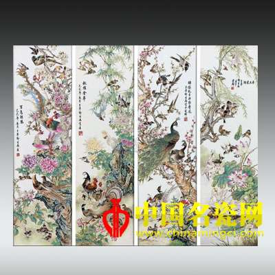 百鳥朝凰 粉彩瓷板四條屏