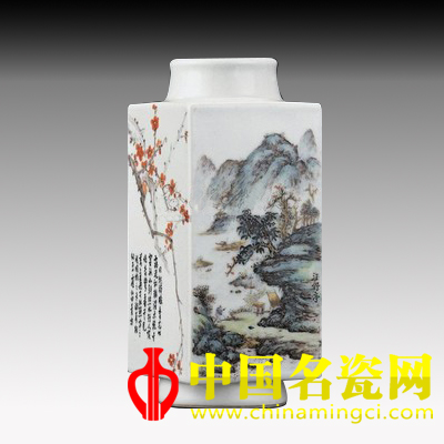 珠山四友繪粉彩山水花鳥圖琮式瓶
