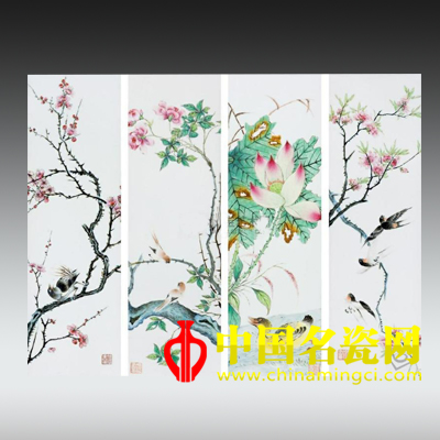 粉彩四季花鳥(niǎo)長(zhǎng)條成堂掛屏