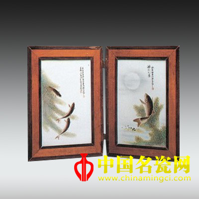 鄧碧孫 粉彩魚藻圖瓷板（一對）