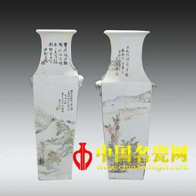 淺降彩書畫集錦獸耳四方大瓶