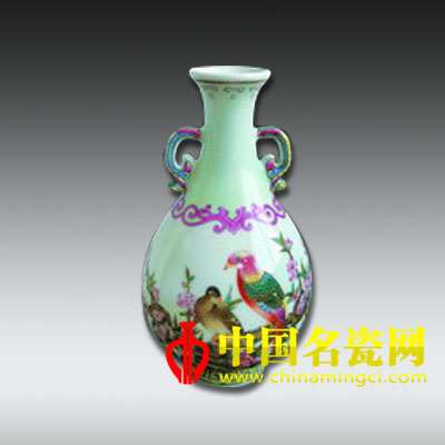 江窯 琺瑯彩“雉鷄芙蓉圖”雙耳瓶