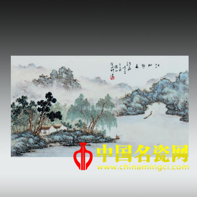 江村靜夏 粉彩瓷板