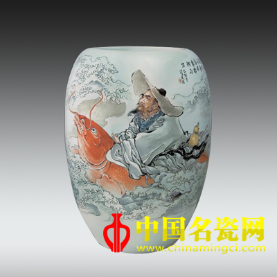 琴高跨鯉圖 粉彩瓷瓶