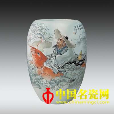 琴高跨鯉圖 粉彩瓷瓶