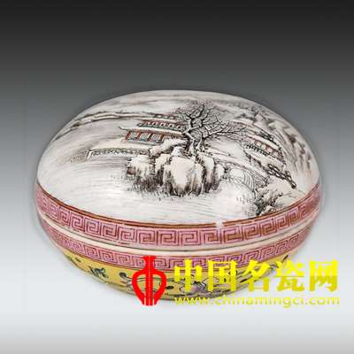 粉彩雪景微書印泥盒