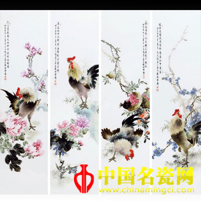 2011年作 毛光輝 粉彩四季雄雞圖瓷板 （一套）