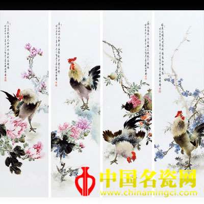 2011年作 毛光輝 粉彩四季雄雞圖瓷板 （一套）