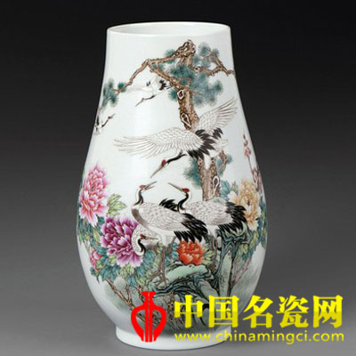 江金承 松鶴圖　粉彩瓷瓶