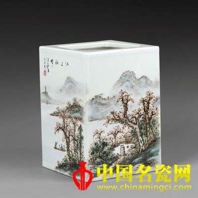 汪平孫 江上秋聲　粉彩山水方筆筒