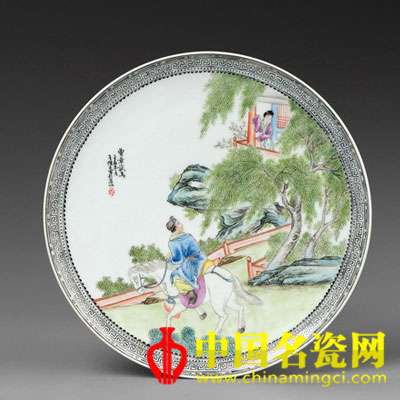 王隆夫 曹章試馬　粉彩瓷盤