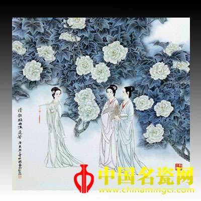 王秋霞 清歌艷曲滿庭芳　粉彩瓷板