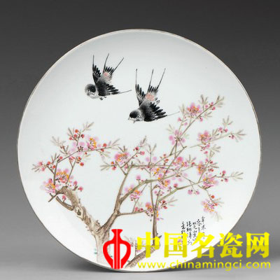 張松濤 喜上枝頭　粉彩瓷盤