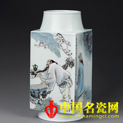鐘蓮生 四大文人　落地粉彩瓷瓶