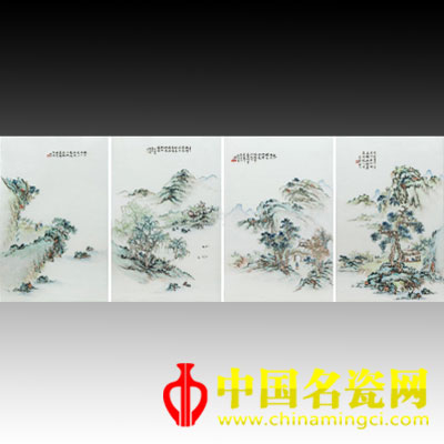 程門(mén) 淺絳彩四季山水瓷板（四件）