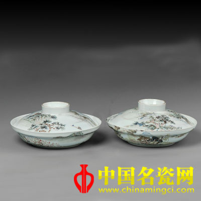 程門(mén) 淺絳彩山水和合器 （一對(duì)）