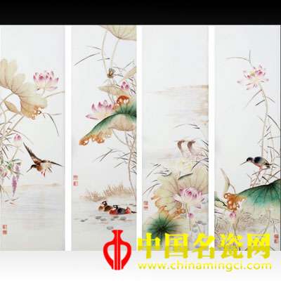 潘陶宇 粉彩荷塘花鳥瓷板四屏