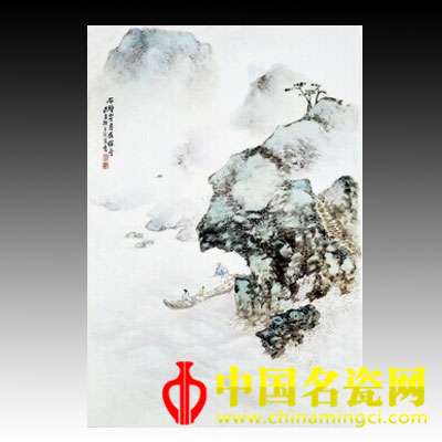 鄒文侯 粉彩石鐘山探奇圖瓷板