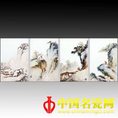 汪大滄 粉彩春夏秋冬山水桌屏