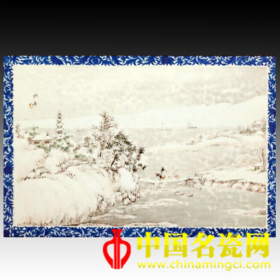 汪野亭 青花邊飾粉彩雪歸圖瓷板