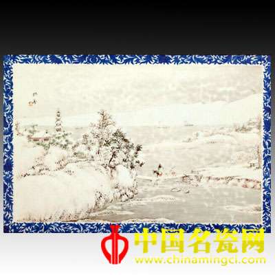 汪野亭 青花邊飾粉彩雪歸圖瓷板