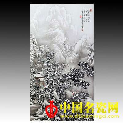張松茂 粉彩瑞雪迎春圖瓷板 