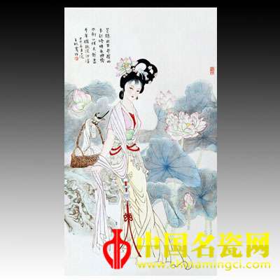 王秋霞 粉彩仕女浣紗圖瓷板
