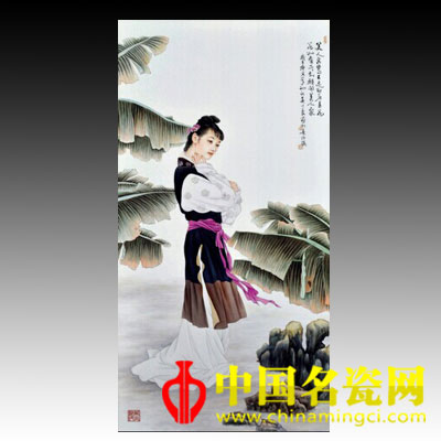 吳火良 粉彩“美人芭蕉”瓷板