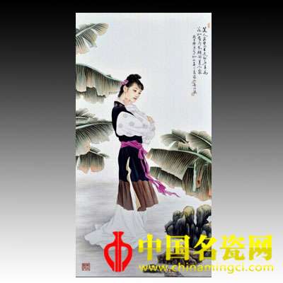 吳火良 粉彩“美人芭蕉”瓷板