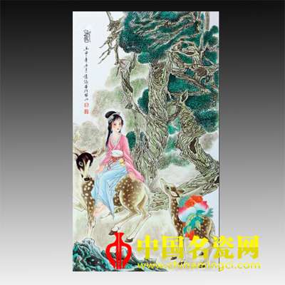 王懷俊“麻姑獻(xiàn)壽”粉彩瓷板