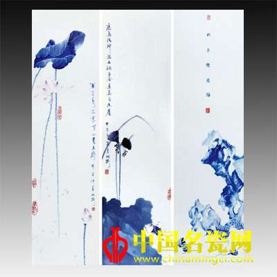 范雙梅“荷”青花斗彩三條屏