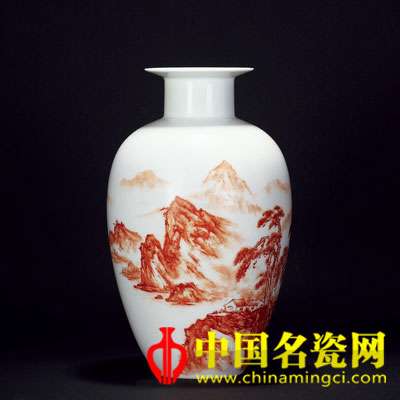 汪桂英 紅彩《柳絲拂岸》山水瓶