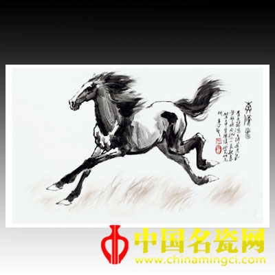 李進 粉彩《悲鴻大意奔馬圖》瓷板