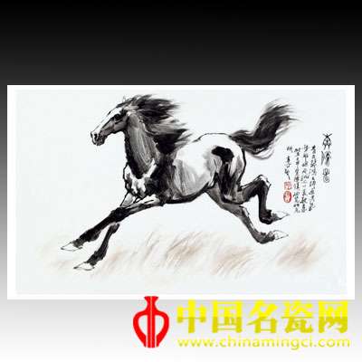李進(jìn) 粉彩《悲鴻大意奔馬圖》瓷板