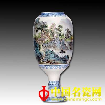 徐煥文 粉彩青綠山水通景圖薄胎皮燈