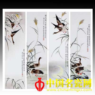 寧發(fā)有 粉彩《四季蘆雁詩意》圖四條屏